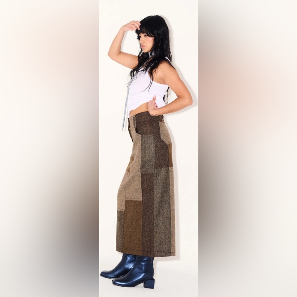 LOTI JUANA MERINO WOOL SKIRT - TOSTADA PATCHWORK $292 Multi- Brown Small